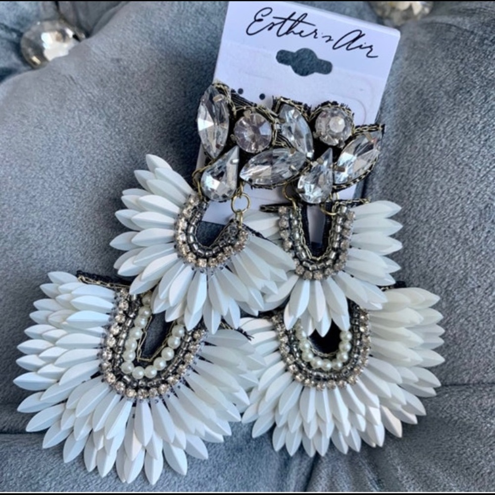 White Rhinestone Beaded Dangle Statement Earrings Boho jewelry